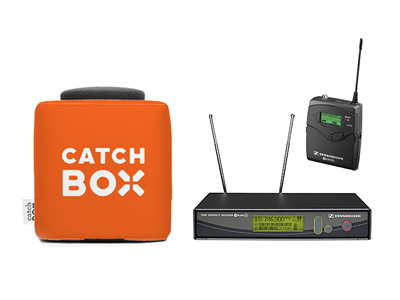 Catchbox Pro set gooi microfoon huren, zender, ontvanger, beltpack, sennheiser, verhuur, oranje