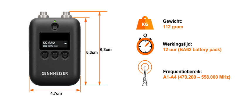 Sennheiser SK 6212 minibodypack afmeting, size, gewicht