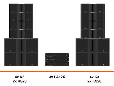 L-Acoustics K3 geluidset huren verhuur, K3, KS28, LA12X, line array vliegend