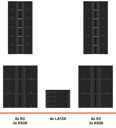 L-Acoustics K3 geluidset huren verhuur, K3, KS28, LA12X, line array vliegend