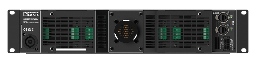 L-Acoustics LA7.16 versterker achterkant, aansluitingen, inputs, outputs