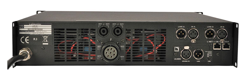 L-Acoustics LA8 versterker achterkant, aansluitingen, inputs, outputs