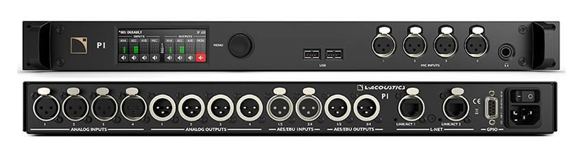 L-Acoustics P1 voorkant achterkant aansluiting, XLR, AES, AVB, digitaal, USB